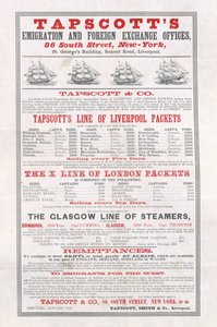 Poster pubblicitario degli uffici di emigrazione e cambio estero di Tapscott, New York, gennaio 1859