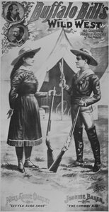 Poster per lo spettacolo del Selvaggio West di Buffalo Bill, con Annie Oakley e Johnnie Baker 