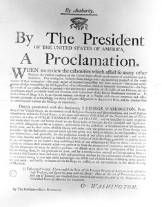 Proclamazione del presidente George Washington (1732-99) che stabilisce giovedì 19 febbraio come giorno di ringraziamento pubblico e preghiera, 1795 da American School