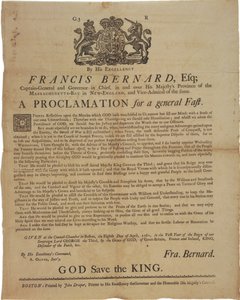 Proclamazione in nome di Francis Bernard, Governatore della Baia del Massachusetts: annuncio di un giorno di digiuno durante la guerra franco-indiana, 8 aprile 1761