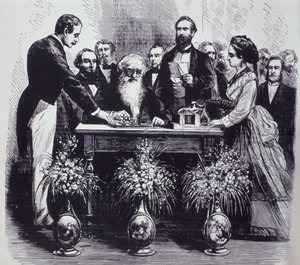 Professor Samuel Finley Breese Morse (1791-1872) che spiega il funzionamento della sua invenzione da American School