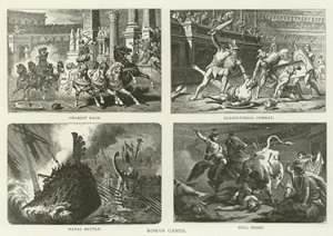 Giochi romani, corsa di carri, combattimento di gladiatori, battaglia navale, corrida
