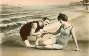 Coppia romantica vittoriana sulla spiaggia da American School
