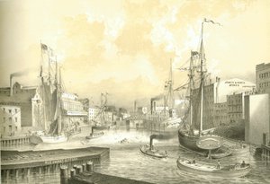 Ponte di Rush Street, vista da State Street, da Chicago Illustrated, con descrizioni letterarie di James W. Sheahan, pubblicato da Jevne & Almini, Chicago da American School