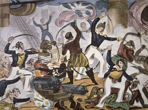 Marinai della Royal Navy che abbordano una nave pirata algerina, c.1820 da American School