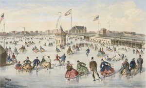 Pattinaggio su Union Pond, pub. 1863 (litografia a colori) da American School