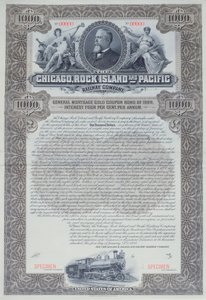Certificato obbligazionario di esempio per 1000 dollari per la Chicago, Rock Island and Pacific Railway Company, 1898 da American School
