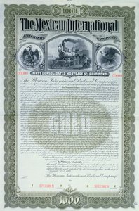 Certificato obbligazionario di esempio per 1000 dollari per la Mexican International Railroad Company, 1897 da American School
