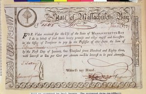 Nota promissoria dello Stato della Baia del Massachusetts, si dice incisa da Paul Revere (1735-1818) 1779 da American School