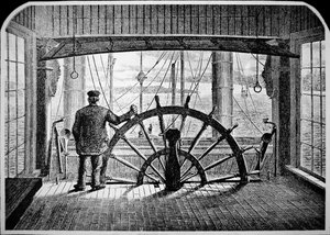 Pilota di battello a vapore nella cabina di pilotaggio, c.1870 da American School