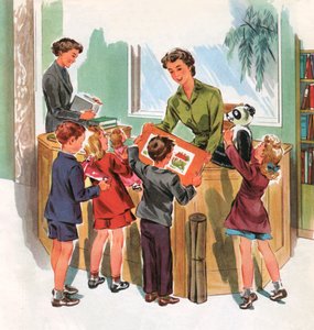 Studenti nella biblioteca scolastica, 1950 circa (serigrafia) da American School