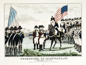 La resa di Cornwallis a York Town, VA, ottobre 1781, pub. Currier  Ives da American School