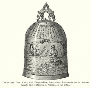 Campana del tempio di Kioto, con arco di drago, iscrizioni, rappresentazione di Ten-nin, angelo, e di Buddha nel Nirvana sul loto (incisione) da American School