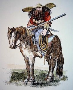 Cartone animato del Texas Ranger, che raffigura la vista urbana orientale del selvaggio e peloso Ranger da American School