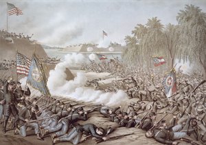 La battaglia di Corinto, 3-4 ottobre 1862, che mostra le bandiere del Nord e del Sud, di Kurz & Allison da American School