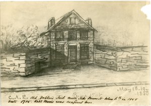 La vecchia prigione dei debitori, lato di Prune St. sotto il 6°, illustrazione dal Castner Scrapbook, 1858 (foto-litografia) da American School