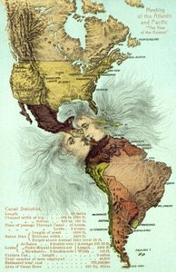 Il Canale di Panama, gli oceani Pacifico e Atlantico che si baciano (litografia a colori)