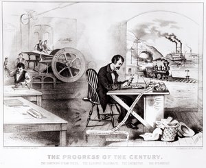 Il Progresso del Secolo: La Pressa a Vapore Fulmine, il Telegrafo Elettrico, la Locomotiva e il Battello a Vapore, pub. da Currier & Ives, 1876 da American School