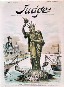 Il sito proposto per lo scarico degli emigranti, copertina di Judge, 22 marzo 1890 da American School