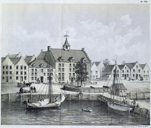 Lo Stadthuys di New York nel 1679, Angolo di Pearl Street e Coentijs Slip, dal Journal of a Voyage to New York in 1679-80 di Jasper Danckaerts e Peter Sluyter, pubblicato nel 1867 da American School