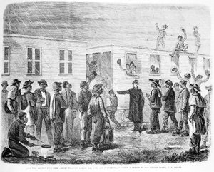 La guerra sul Mississippi, reclute nere che salgono sul treno per Murfreesboro, da Frank Leslies Illustrated Newspaper, maggio 1864 da American School