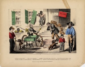 Il primo maggio 1865, o, Giorno del trasloco generale a Richmond Va., Lith. da Kimmel & Forster, pubblicato da H. & W. Voight, New York, 1865 da American School