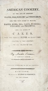 Pagina del titolo di American Cookery, scritto da Amelia Simmons, pubblicato da Hudson & Goodwin, 1796 da American School