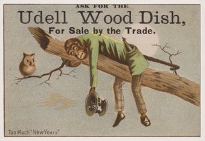 Troppo Capodanno, cartolina pubblicitaria per piatti di legno Udell