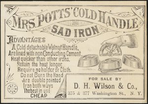 Carta commerciale per il ferro da stiro a manico freddo di Mrs. Potts, c.1870-1900 da American School