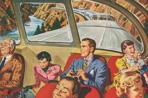 Viaggiatori che si godono un viaggio in treno futuristico da American School