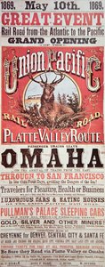 Poster della Union Pacific Railroad che pubblicizza la prima ferrovia transcontinentale attraverso gli USA da American School