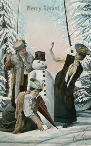 Donne vittoriane che giocano con un pupazzo di neve da American School