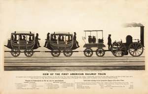 Veduta del primo treno ferroviario americano, pub. 1865 da American School