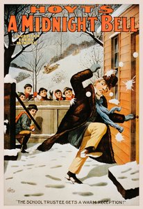 Poster vintage di ragazzi che lanciano palle di neve a un uomo, 1890-99 da American School