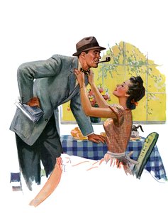 La moglie aggiusta la cravatta del marito prima che esca per andare al lavoro da American School
