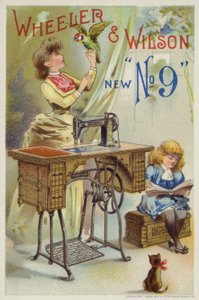 Donna con pappagallo accanto alla macchina da cucire da American School