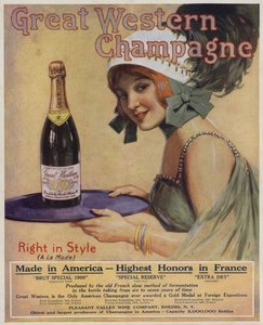 Giovane donna con una bottiglia di Champagne, pubblicità del Great Western Champagne (litografia a colori) da American School
