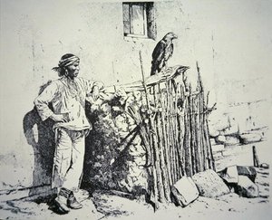 Membro della tribù Zuni con una gabbia per aquile da American School