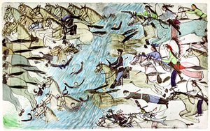 Cavalleria americana in ritirata attraverso un fiume inseguita da guerrieri nativi americani, c1900