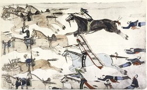 Battaglia di Little Big Horn 25-26 giugno 1876. Ritirata dei battaglioni del 7° Cavalleggeri USA al comando del maggiore Marcus Reno. Dipinto di Amos Bad Heart Buffalo (Sioux), 1900 ca. da Amos Bad Heart Buffalo