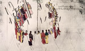 Danza del cuoio capelluto o danza della vittoria (inchiostro su carta)