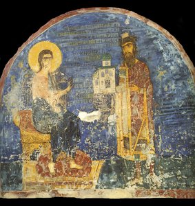 Gran Principe Yaroslav II Vsevolodovich con modello della Chiesa di Nereditsa davanti a Cristo, 12° secolo