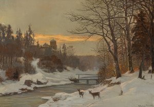 Paesaggio invernale con torrente da Anders Andersen Lundby