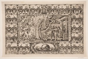 Sophie Brockenhuus e quattro geni, circondati da stemmi. Da un sermone funebre da Anders Ottesen