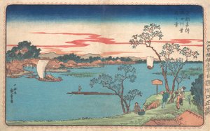 Veduta degli alberi di ciliegio in foglia lungo il fiume Sumida, 1831