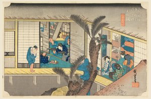 Akasaka, Interno di Locanda, nelle Cinquantatré Stazioni della Strada Tokaido (Tokaido Gojusan Tsugi-no Uchi) da Ando Hiroshige