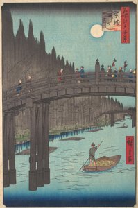 Luna piena sul canale, con ponte e grandi cumuli di bambù lungo la riva, ca. 1857 da Ando Hiroshige