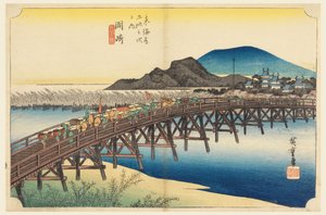 Okazaki, Ponte Tenshin, nelle Cinquantatré Stazioni della Strada Tokaido (Tokaido Gojusan Tsugi-no Uchi) da Ando Hiroshige