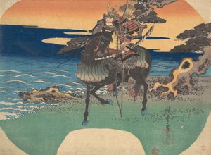 Guerriero che cavalca un cavallo nero lungo la riva del mare, ca. 1835 da Ando Hiroshige