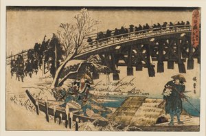 Stampa su legno - Due uomini in una barca sotto un ponte, 1797-1858 da Ando Hiroshige